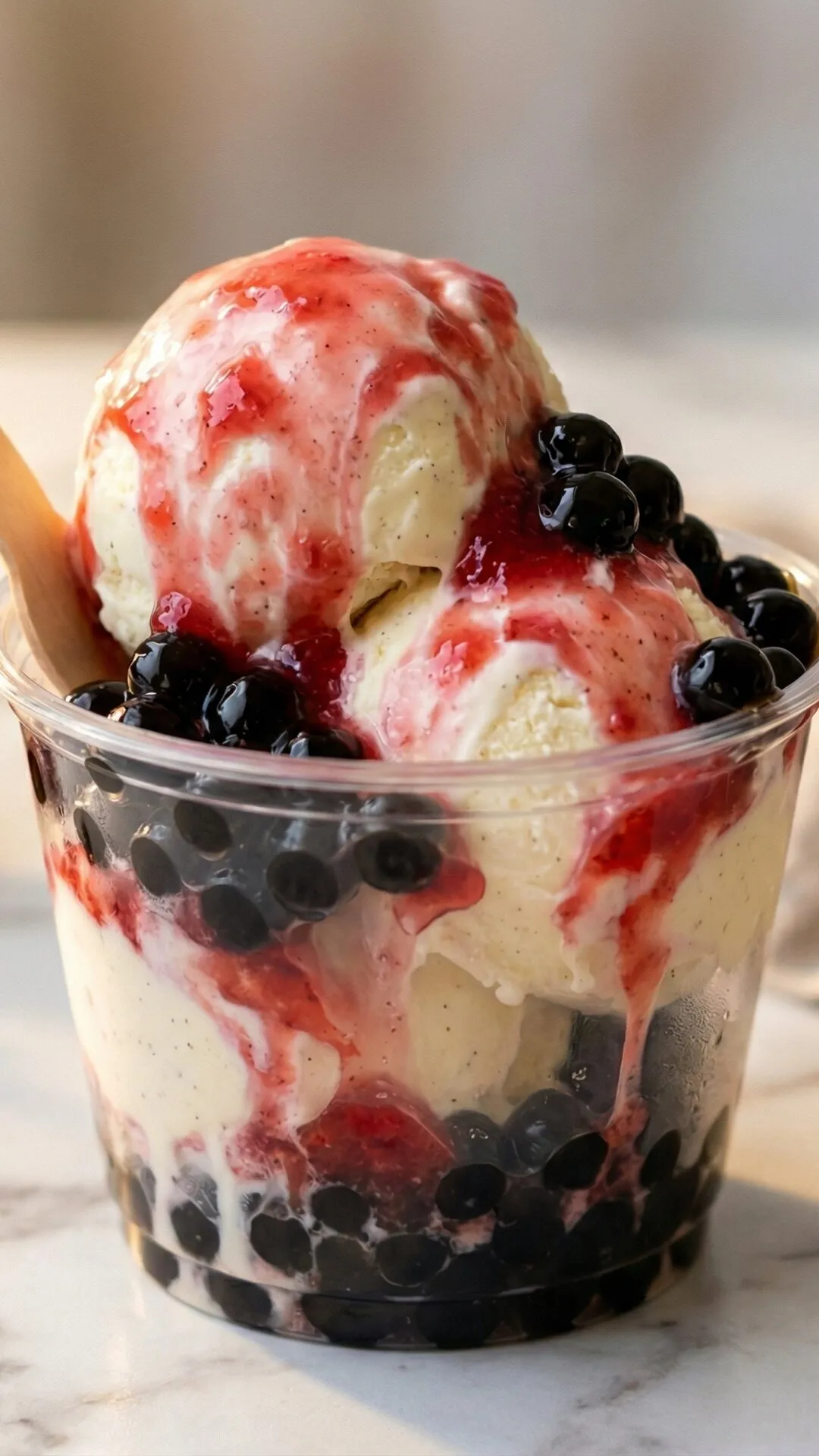 Boba sundae with vanilla ice cream, strawberries, and tapioca pearls.