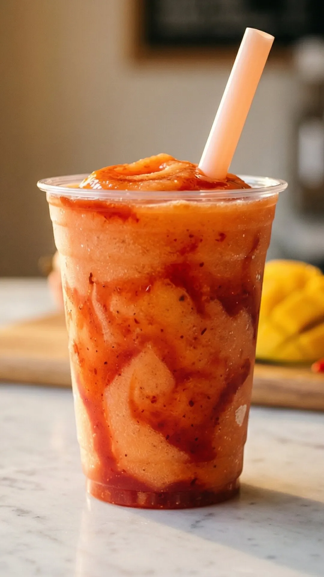 Mango chamoy drink with an orange-and-red chamoy swirl in a clear cup.