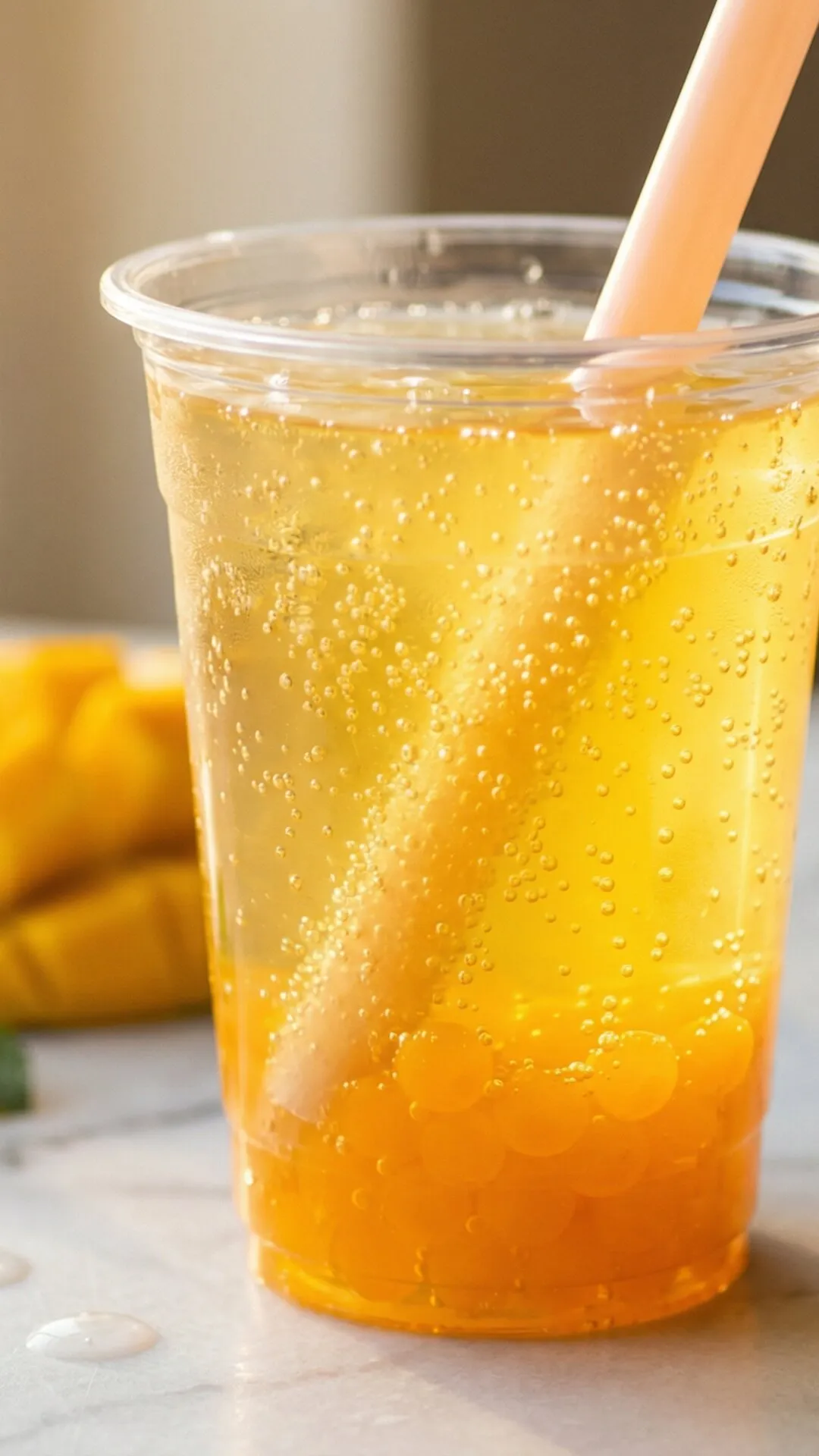 Mango sparkling tea with fresh mango slices and yellow popping boba.