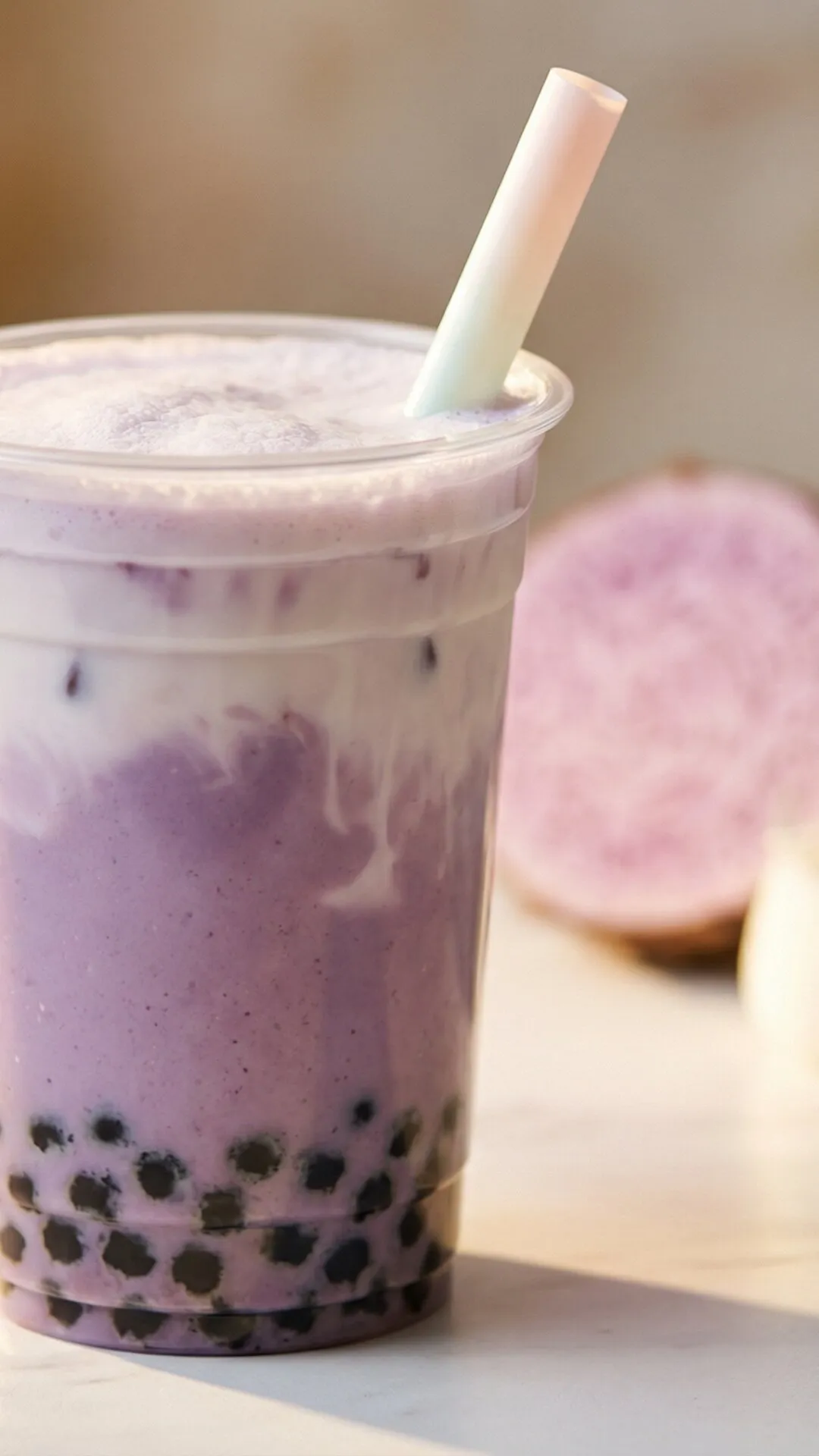 Taro milk tea with black boba pearls in a clear cup, fresh taro root in the background.