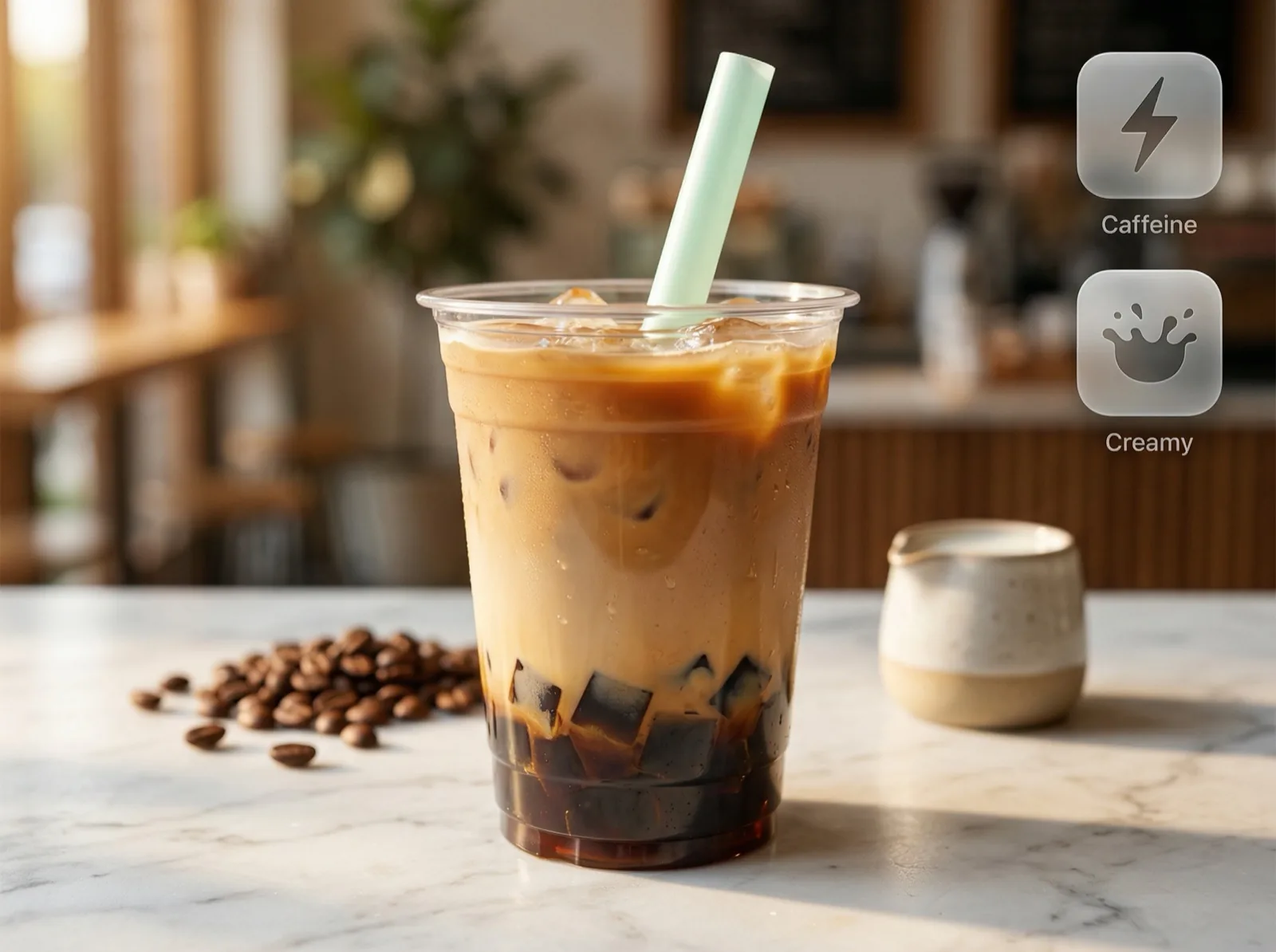 Ice Latte with Coffee Jelly — espresso over milk with coffee jelly cubes