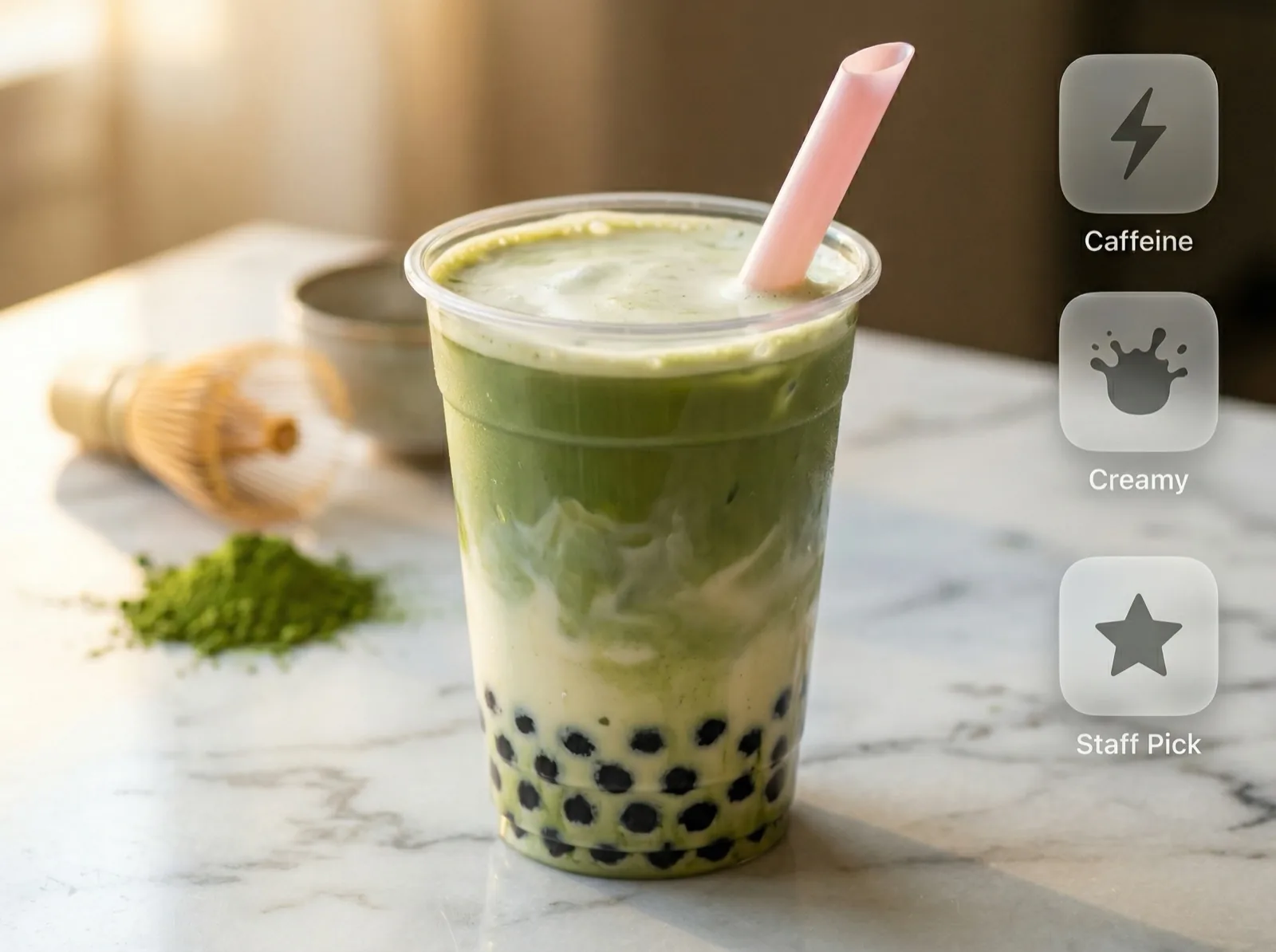 Matcha Fresh Milk with Pearls — vibrant green matcha layered over fresh milk with tapioca pearls
