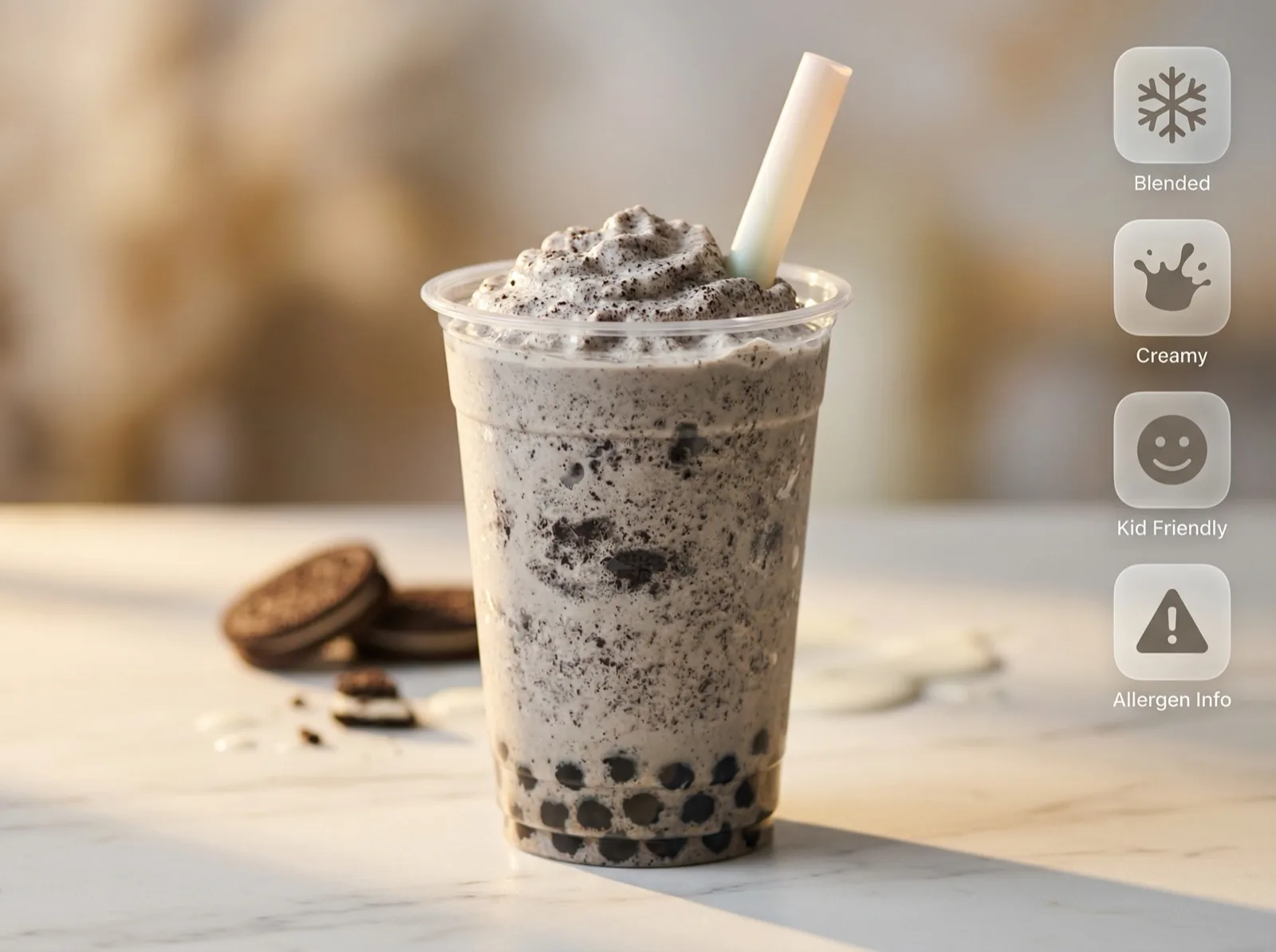 Oreo Ice Blended with Pearl — cookies and cream frozen blend with crushed Oreo and tapioca pearls