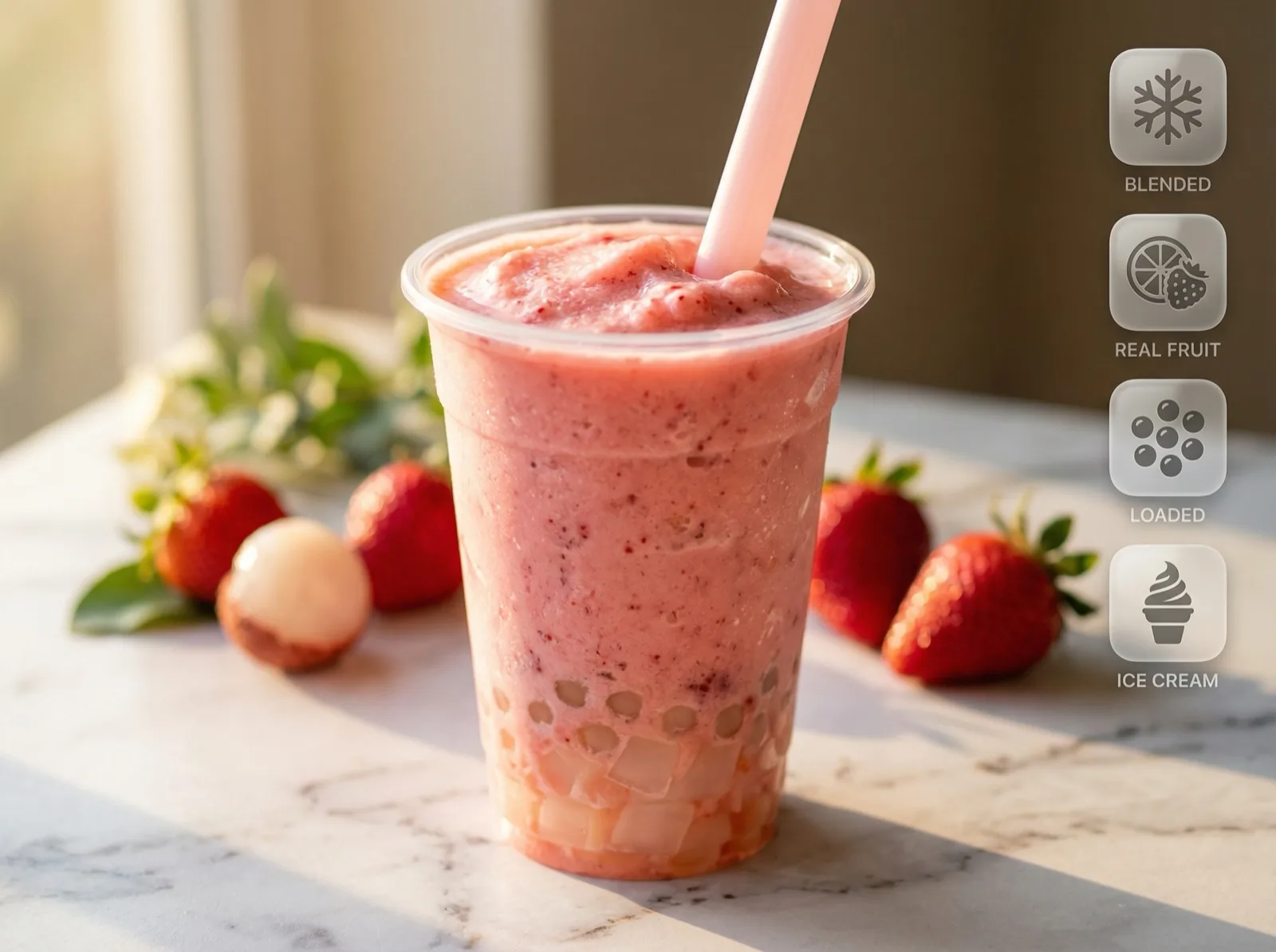 Strawberry Ice Blended with Lychee Jelly — pink frozen strawberry blend studded with chewy lychee jelly