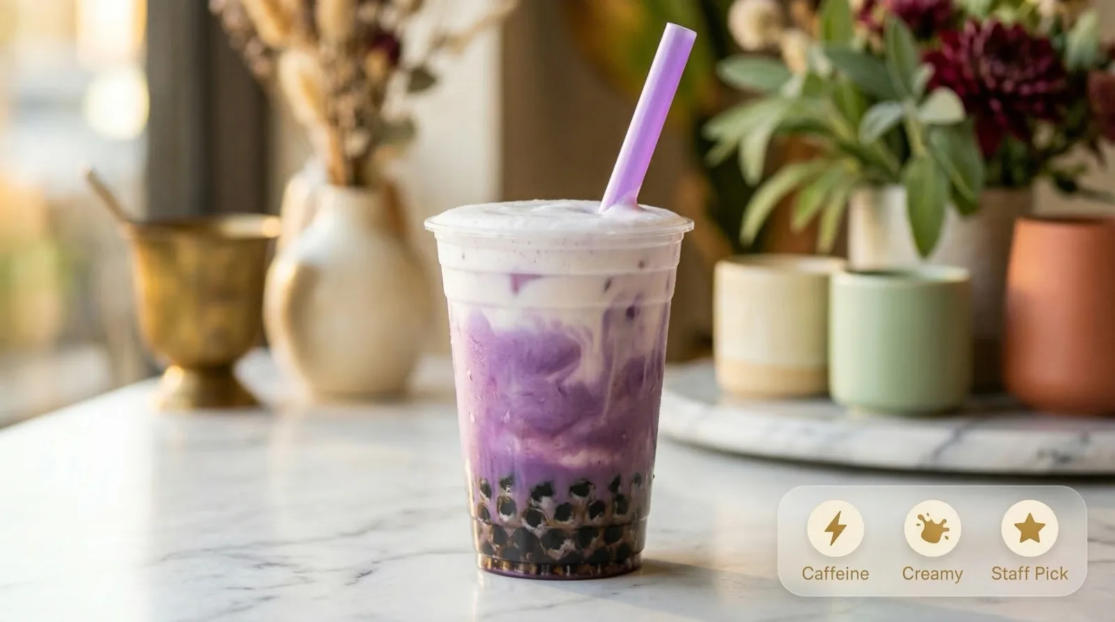 Taro Pearl Milk Tea — naturally purple taro milk tea with chewy tapioca pearls