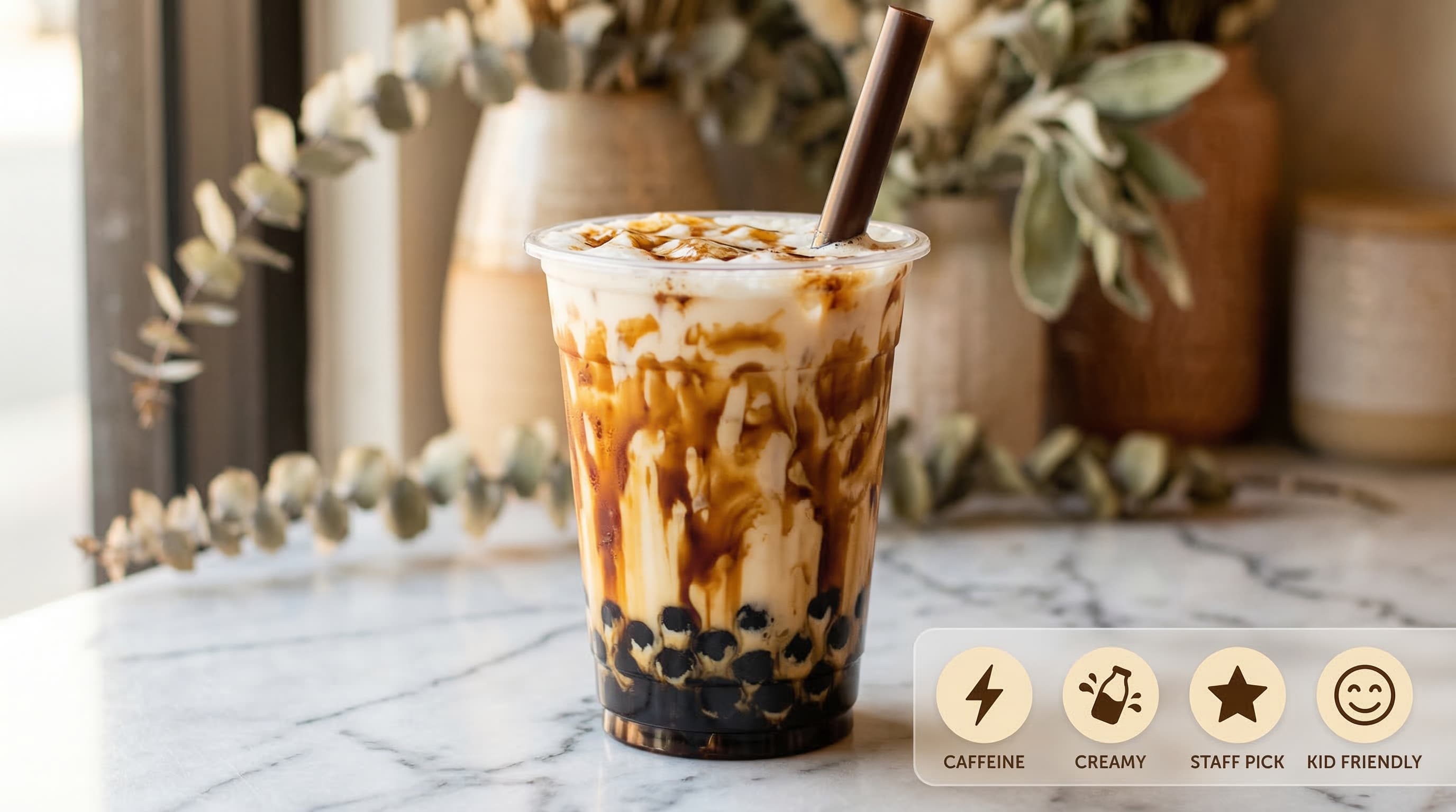 Tiger Pearl Milk Tea — brown sugar pearls in milk tea with caramelized stripes