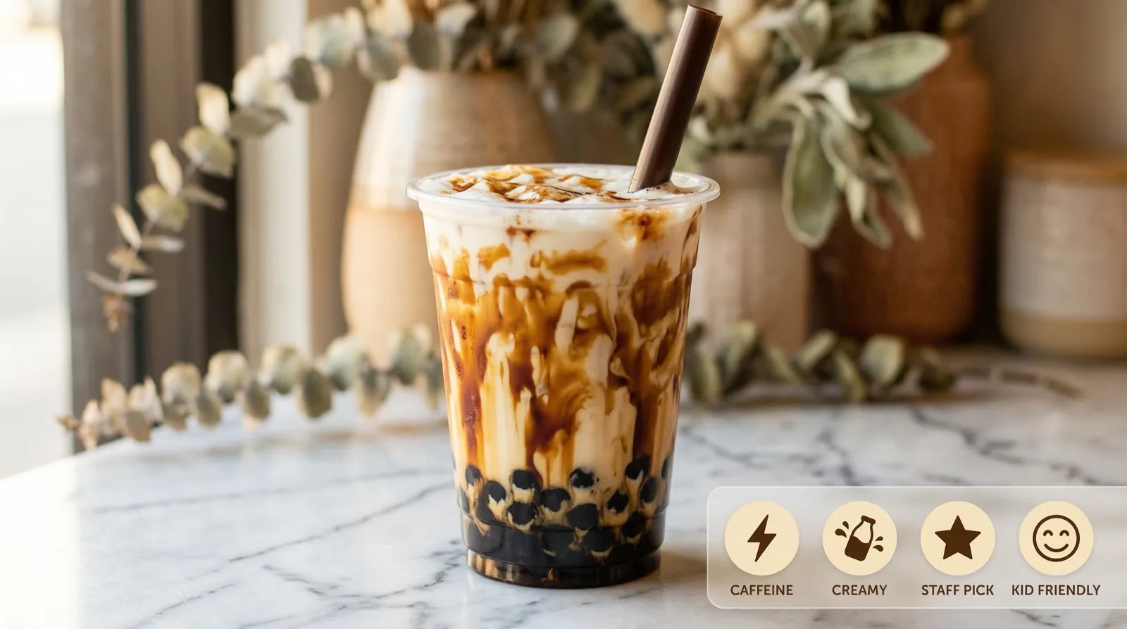Tiger Pearl Milk Tea — brown sugar pearls in milk tea with caramelized stripes