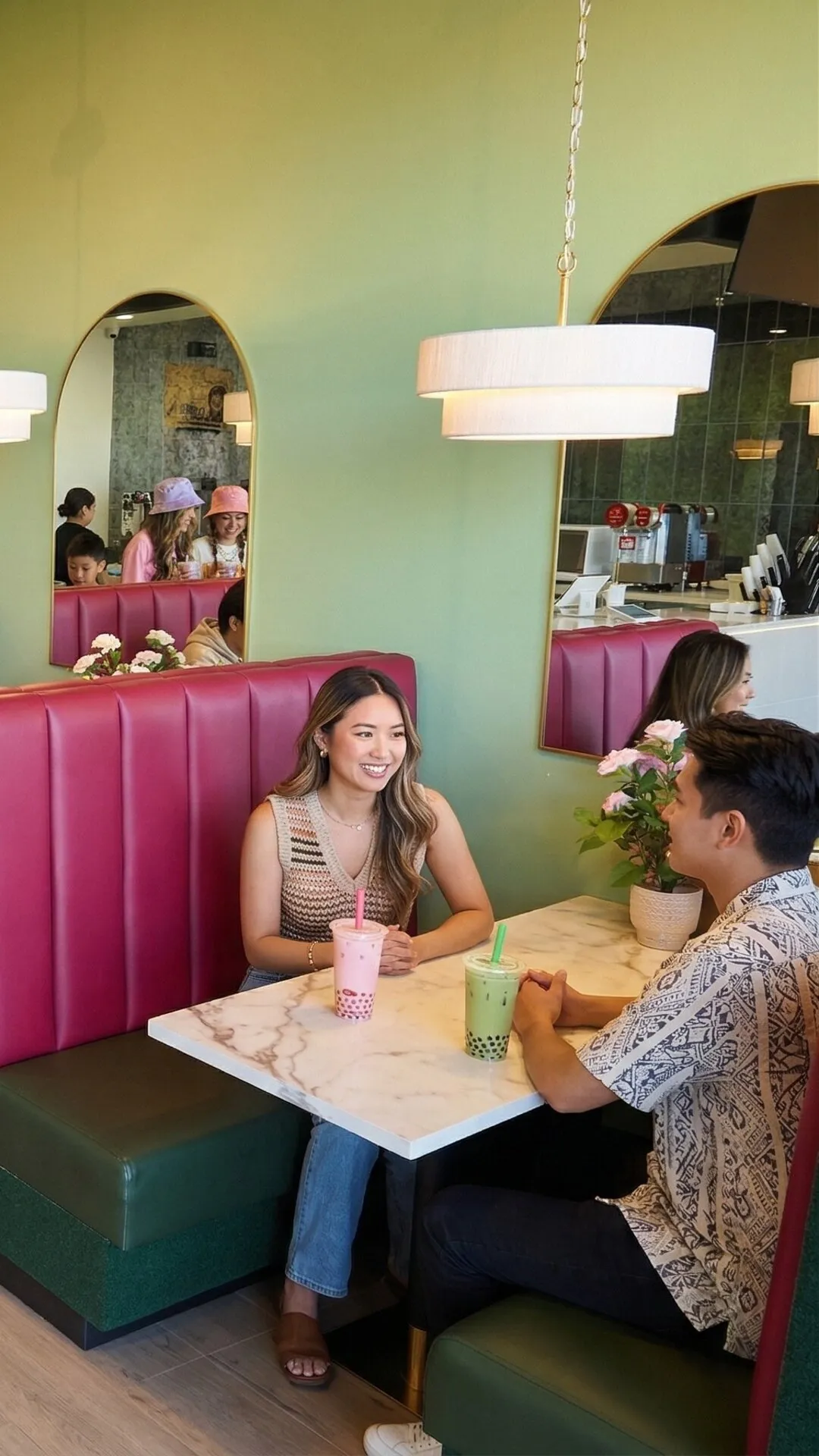 Customers of all ages relaxing in Badger & Bloom Boba booths with drinks in hand.
